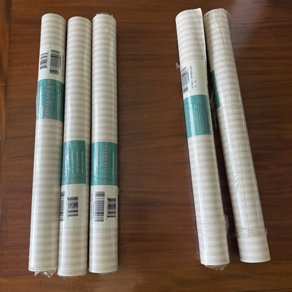 5 Rolls Vintage International Cream Taupe Ticking Stripe Wallpaper DH08598 NOS